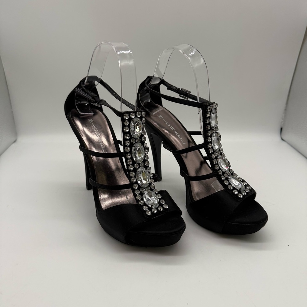 Michael Shanon Julie Black Satin Rhinestone Embellished Strappy Platform Heels